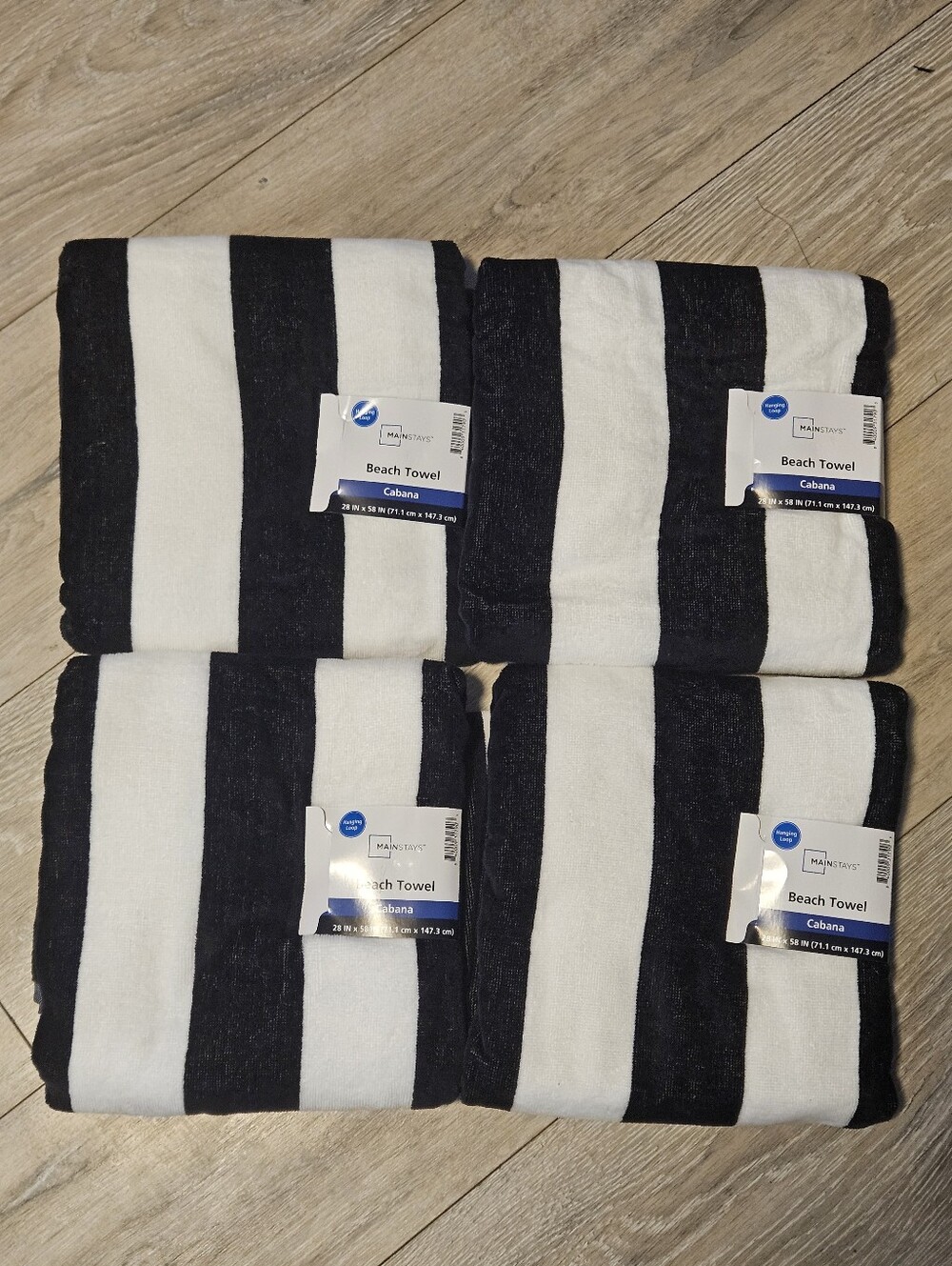 Lot of 4 NEW Mainstays Cabana Beach Towels 28x58 Black White Stripe Cotton Blend